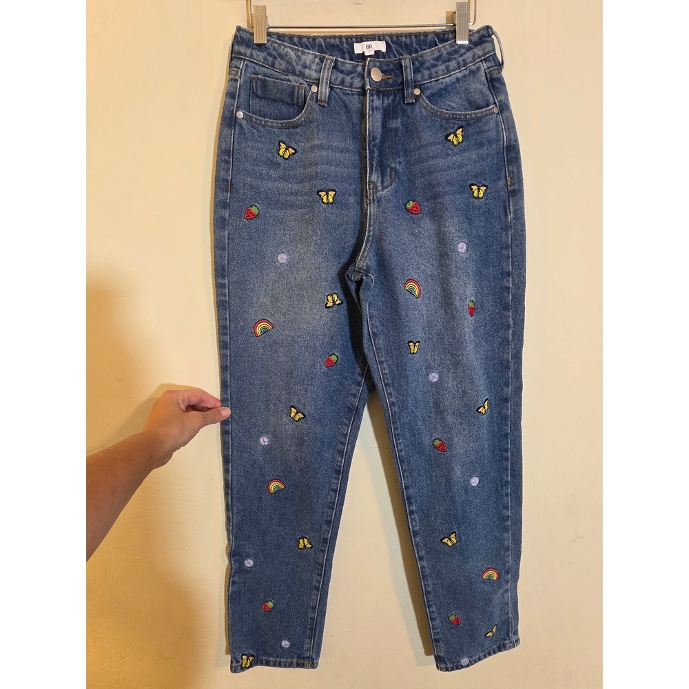 BP Embroidered Mom Jeans Blue Medium Wash Butterfly Rainbow Strawberry Size 27